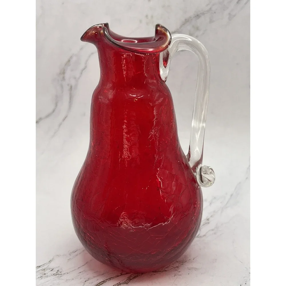 Ruby Red Crackle Glass Pitcher w/Clear Handle  Handmade Small 4.5
